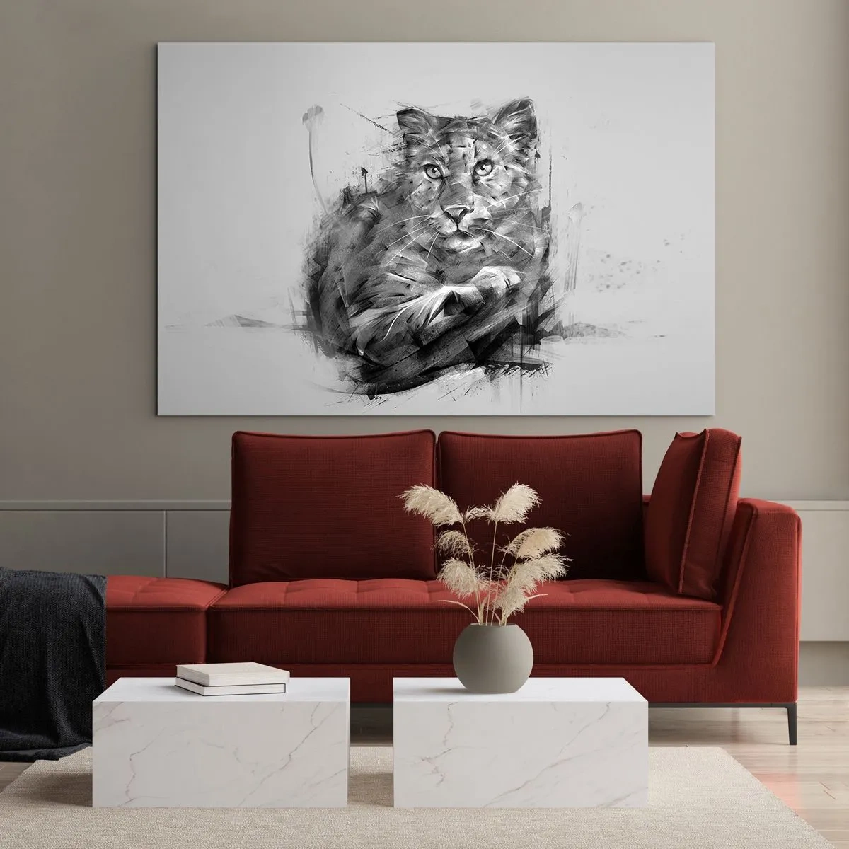 Glasbild - Bild auf glas - Eine Zeichnung eines Tigers im monochromen Stil auf hellem Hintergrund - 100x70cm - Ja, ich höre aufmerksam zu - Moderne Wanddekoration für Wohnzimmer und Schlafzimmer ARTTOR