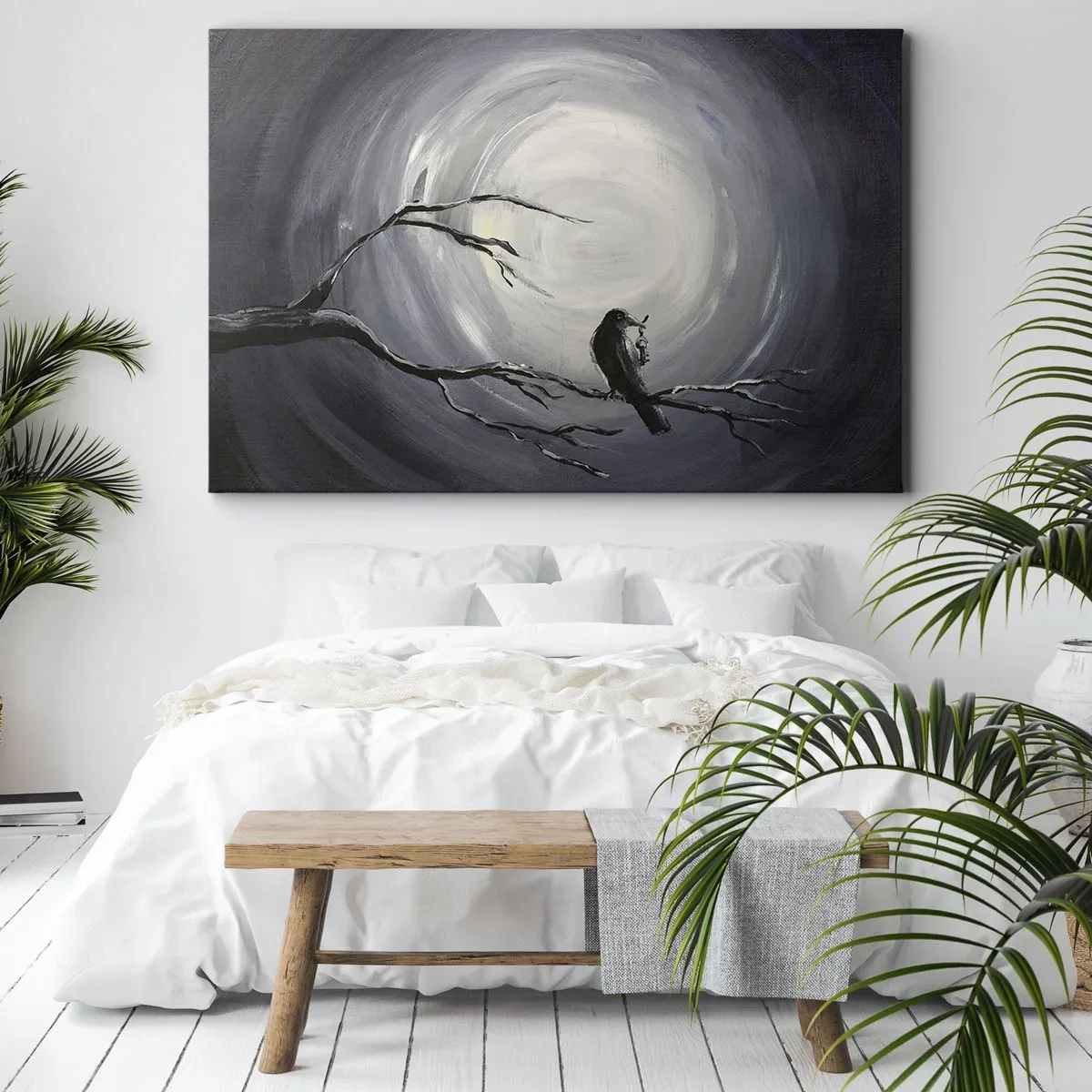 Bild auf Leinwand - Leinwandbild - Schwarzer Vogel auf einem Ast im Mondlicht - 70x50cm - Der Schlüssel zum Geheimnis der Nacht - Moderne Wanddekoration für Wohnzimmer und Schlafzimmer ARTTOR