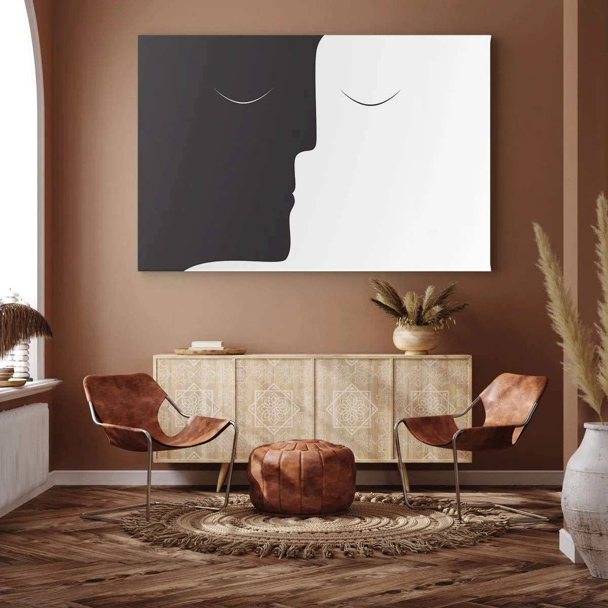 Bild auf Leinwand - Leinwandbild - Eine minimalistische Silhouette zweier Gesichter in Kontrastfarben. - 100x70cm - Einheit der Gegensätze - Moderne Wanddekoration für Wohnzimmer und Schlafzimmer ARTTOR