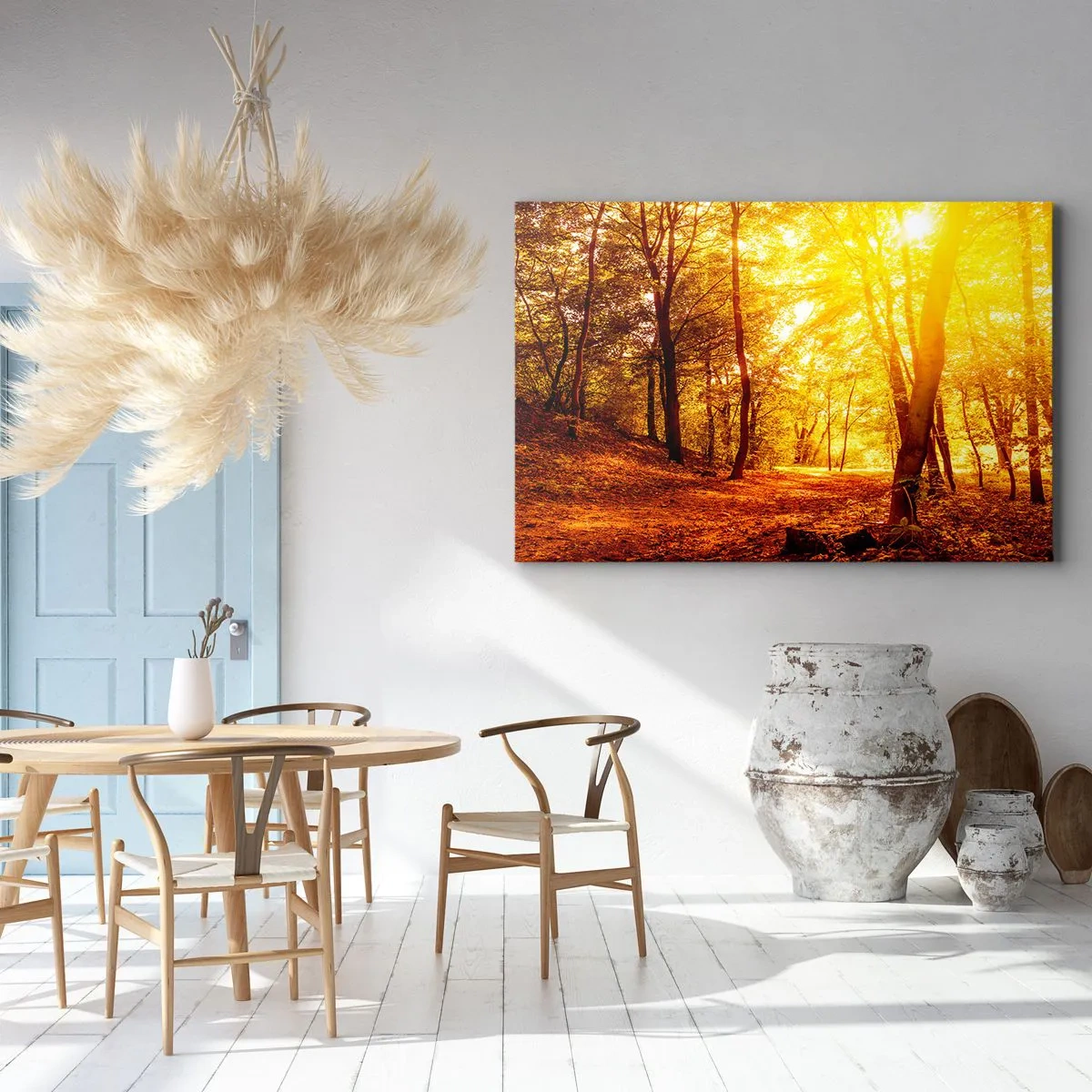 Bild auf Leinwand - Leinwandbild - Herbstlichtung im goldenen Sonnenlicht mit einem Waldweg - 100x70cm - Auf die goldene Lichtung - Moderne Wanddekoration für Wohnzimmer und Schlafzimmer ARTTOR