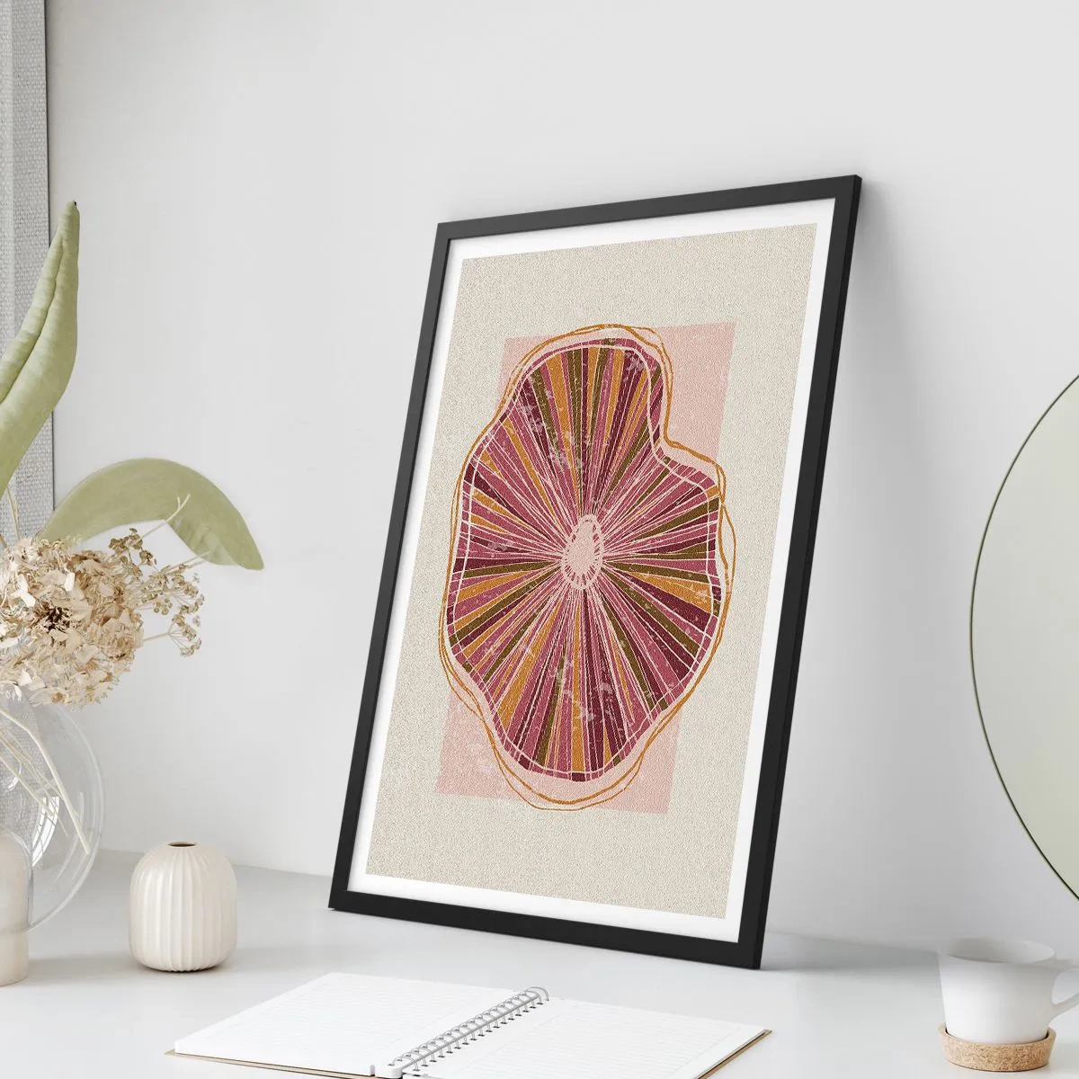 Poster in einem schwarzem Rahmen - Abstrakter Querschnitt eines Baumes in Rosa- und Brauntönen. - 50x70cm - Strahlende Abstraktion - Moderne Wanddekoration für Wohnzimmer und Schlafzimmer ARTTOR