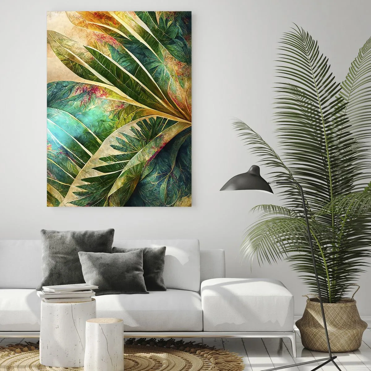 Glasbild - Bild auf glas - Bunte Blätter mit tropischem Flair - 50x70cm - Farben der Tropen - Moderne Wanddekoration für Wohnzimmer und Schlafzimmer ARTTOR