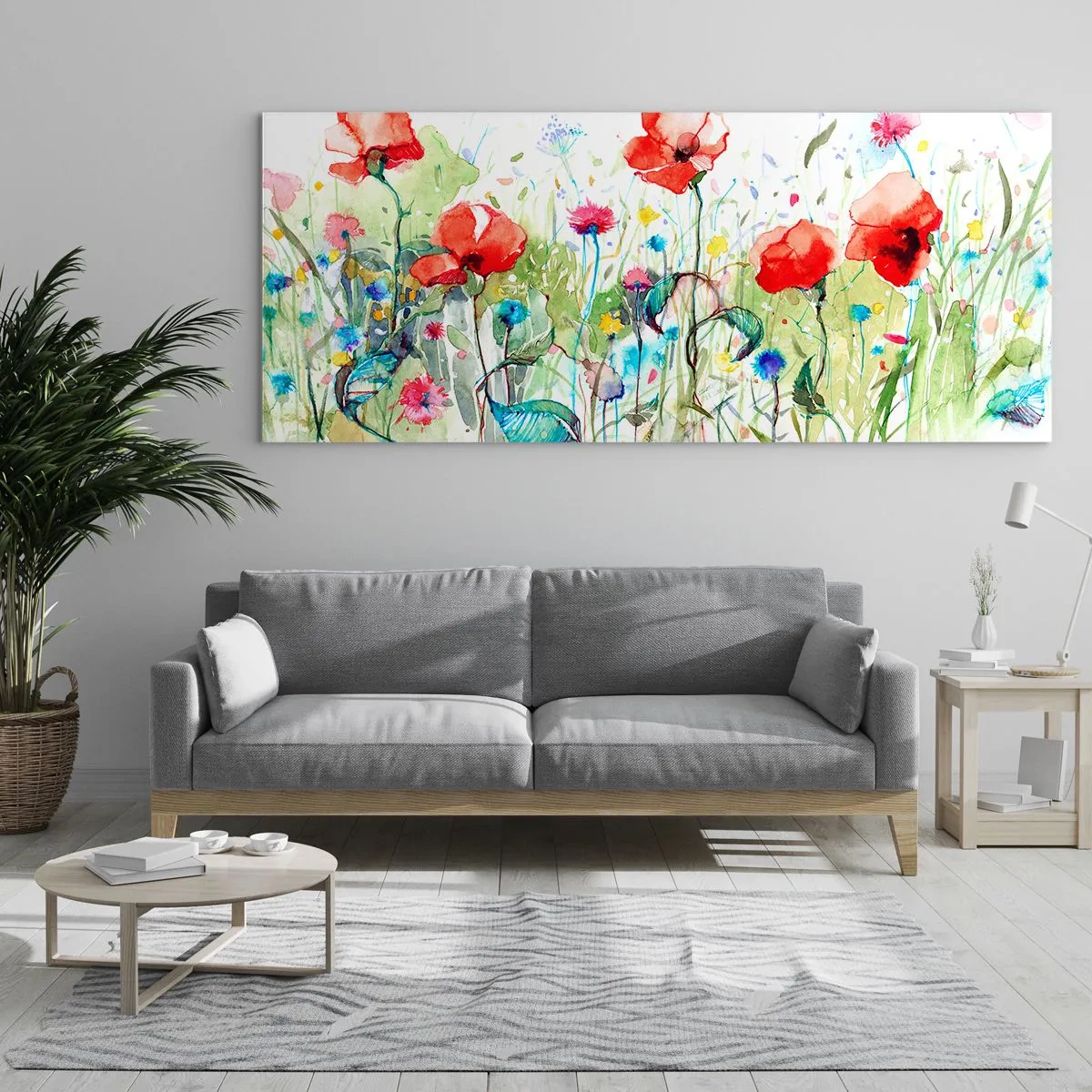 Glasbild - Bild auf glas - Eine Wiese mit roten Mohnblumen und bunten Blumen in Aquarell - 120x50cm - Blühende Maiwiese - Moderne Wanddekoration für Wohnzimmer und Schlafzimmer ARTTOR