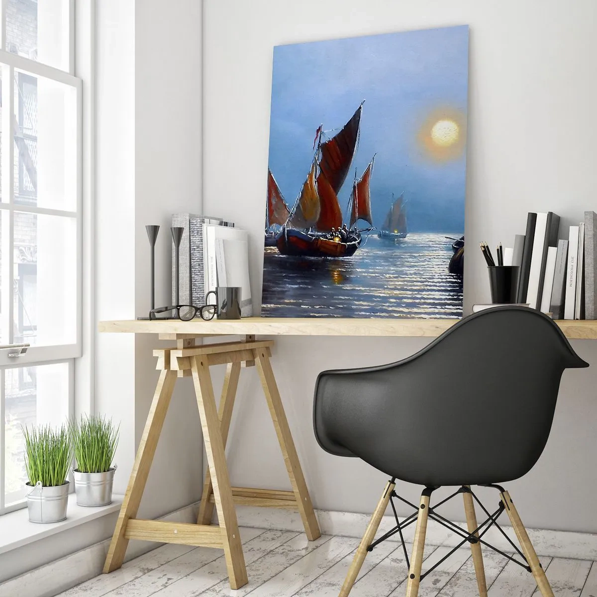 Glasbild - Bild auf glas - Boote mit Segeln auf ruhigem Wasser bei Sonnenuntergang - 80x120cm - Nachtfang - Moderne Wanddekoration für Wohnzimmer und Schlafzimmer ARTTOR