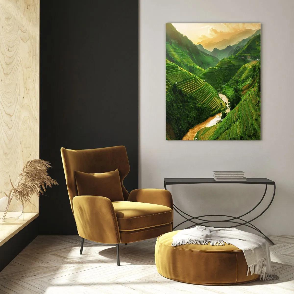 Glasbild - Bild auf glas - Malerische Reisterrassen im Tal bei Sonnenuntergang - 50x70cm - Vietnamesisches Tal - Moderne Wanddekoration für Wohnzimmer und Schlafzimmer ARTTOR