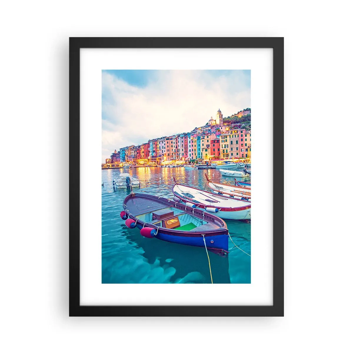 Poster in einem schwarzem Rahmen - Bunter Abend im Hafen - 30x40 cm
