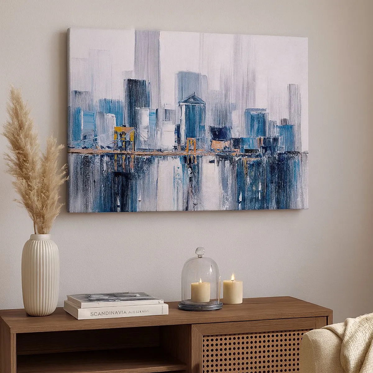 Bild auf Leinwand - Leinwandbild - Abstraktes Stadtpanorama mit Blau- und Gelbtönen - 70x50cm - New Yorker Eindruck - Moderne Wanddekoration für Wohnzimmer und Schlafzimmer ARTTOR