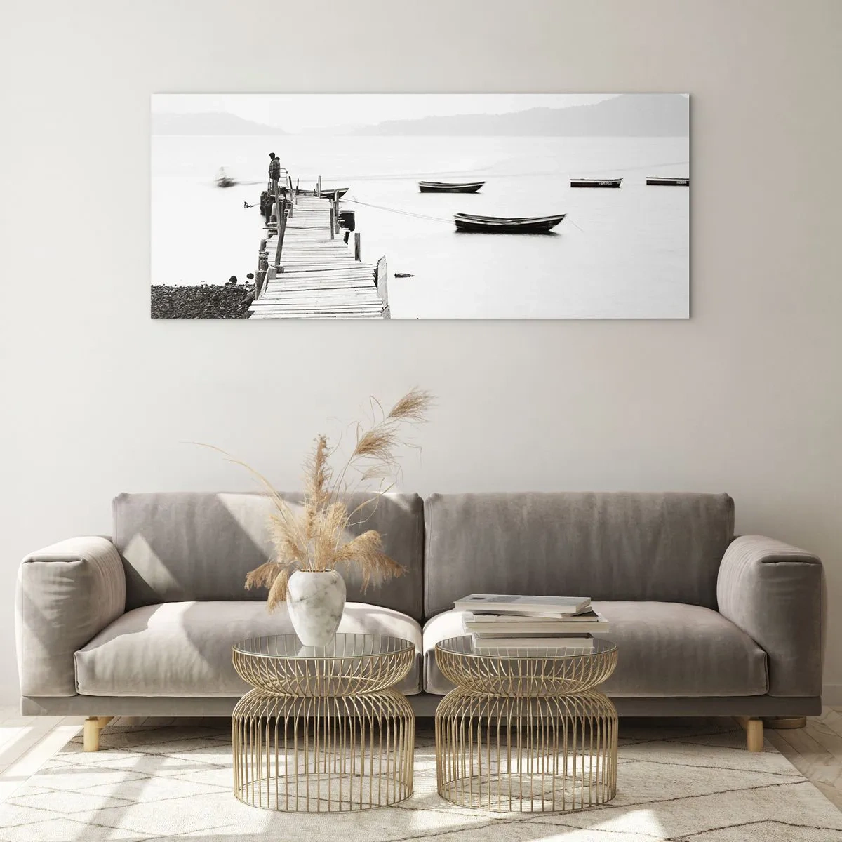 Glasbild - Bild auf glas - Holzsteg und Boote auf ruhigem Wasser - 160x50cm - Ruhig und sauber über dem Wasser - Moderne Wanddekoration für Wohnzimmer und Schlafzimmer ARTTOR