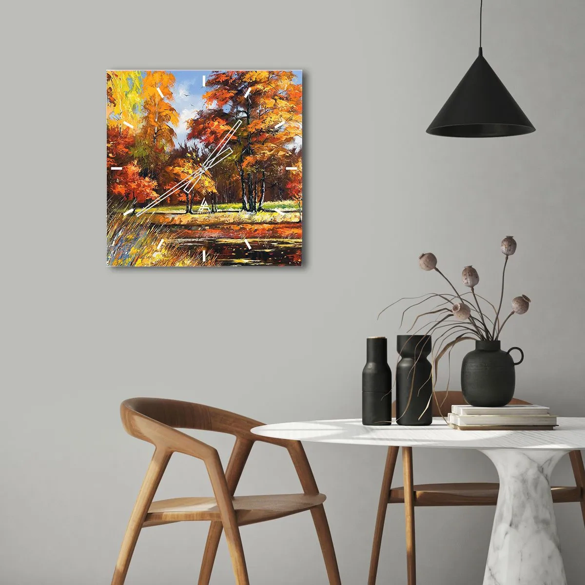 Wanduhr - Glasuhr - Landschaft in Gold und Bronze - 40x40 cm