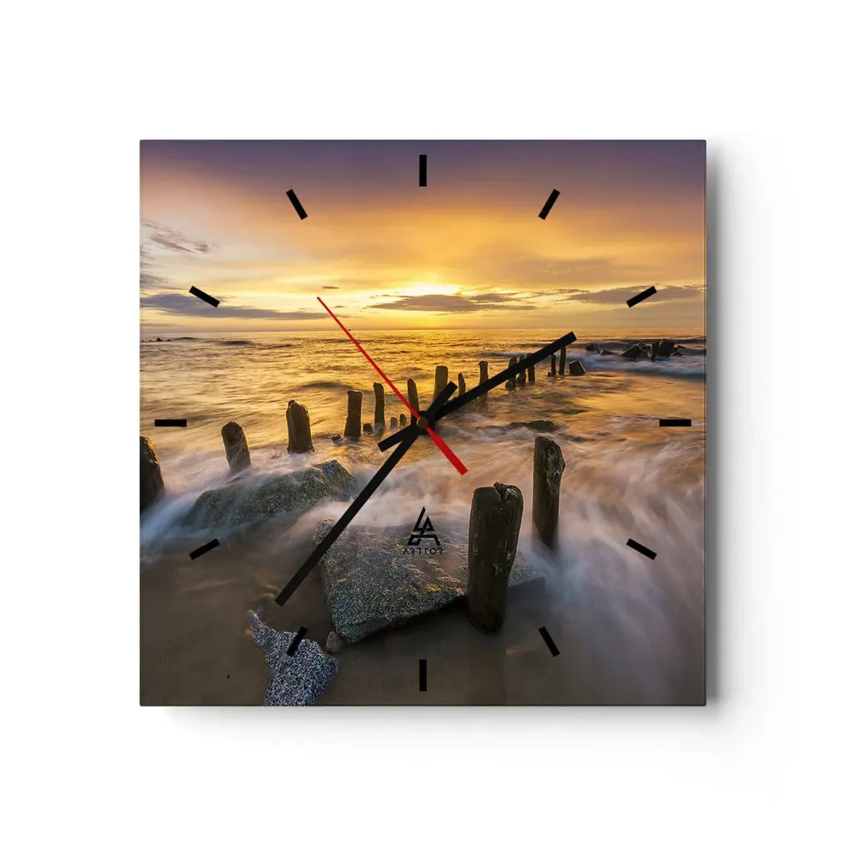 Wanduhr - Glasuhr - Sonnenuntergang über dem Meer mit den Überresten eines alten Piers - 30x30cm - Die raue Schönheit der Ostsee - Moderne Wanddekoration für Wohnzimmer und Schlafzimmer ARTTOR