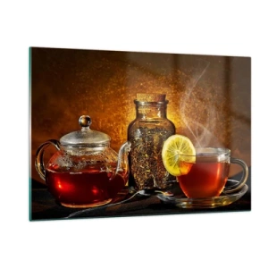Glasbild - Bild auf glas - Eine Teekanne aus Glas und eine Tasse Tee mit Zitrone - 120x80cm - Im Stil der niederländischen Meister - Moderne Wanddekoration für Wohnzimmer und Schlafzimmer ARTTOR