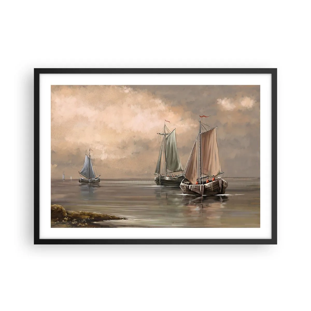 Poster in einem schwarzem Rahmen - Segelboote auf ruhigem Meer in pastellfarbener Umgebung - 70x50cm - Die Rückkehr der Matrosen - Moderne Wanddekoration für Wohnzimmer und Schlafzimmer ARTTOR