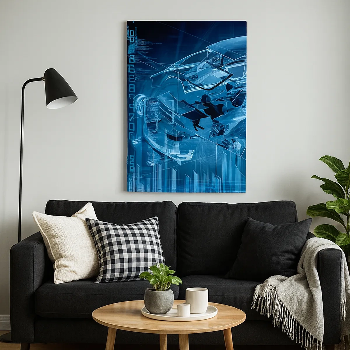 Bild auf Leinwand - Leinwandbild - Eine moderne technische Zeichnung eines Autos mit Strukturelementen - 50x70cm - Technische Anatomie - Moderne Wanddekoration für Wohnzimmer und Schlafzimmer ARTTOR