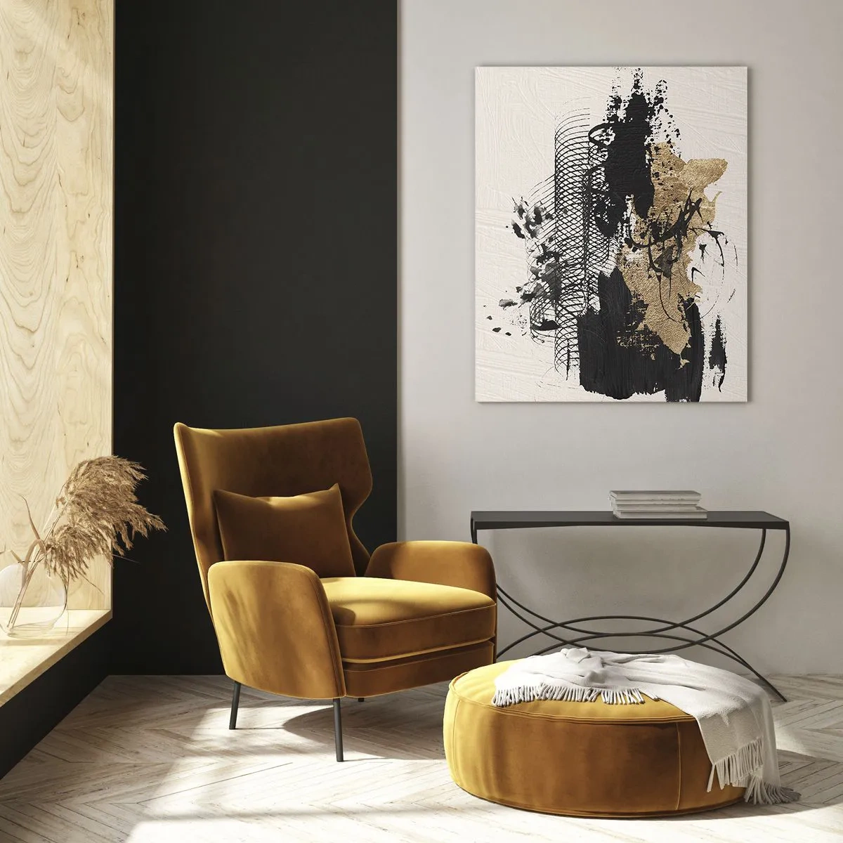 Glasbild - Bild auf glas - Abstrakte Komposition in Schwarz und Gold auf hellem Hintergrund - 50x70cm - Komposition mit Leidenschaft - Moderne Wanddekoration für Wohnzimmer und Schlafzimmer ARTTOR