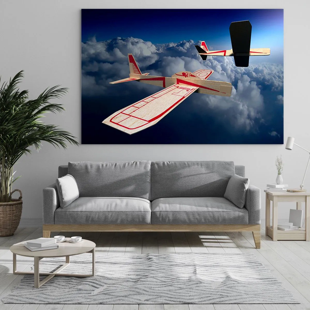 Glasbild - Bild auf glas - Modellflugzeuge gleiten in den Wolken - 100x70cm - Noch höher, noch weiter - Moderne Wanddekoration für Wohnzimmer und Schlafzimmer ARTTOR