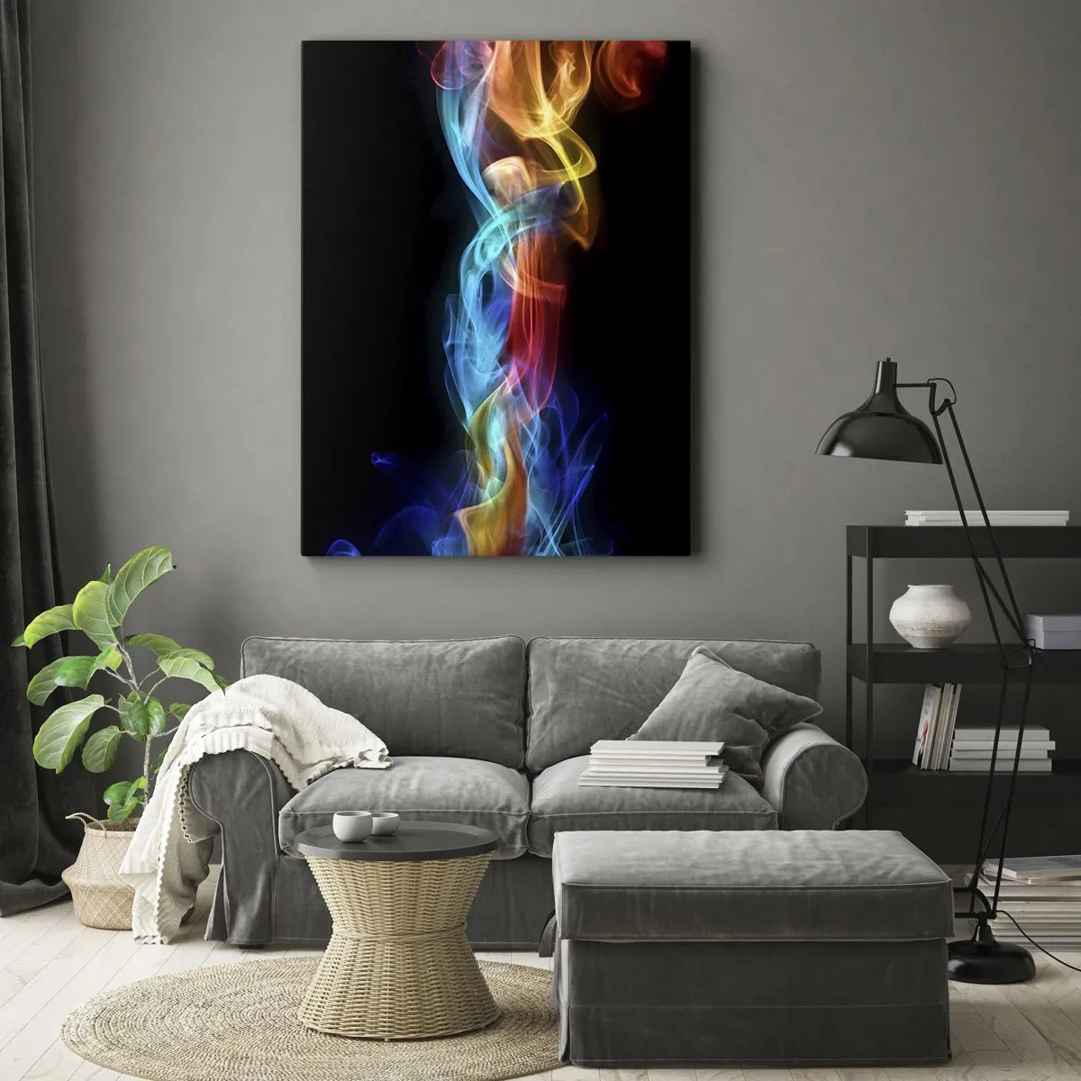 Bild auf Leinwand - Leinwandbild - Bunter Rauch auf schwarzem Hintergrund - 70x100cm - Regenbogentanz der Nebel - Moderne Wanddekoration für Wohnzimmer und Schlafzimmer ARTTOR