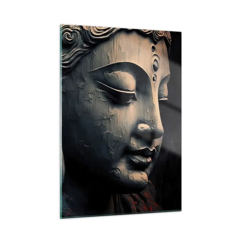 Glasbild - Bild auf glas - Profil einer meditierenden Figur mit einer roten Blume vor dunklem Hintergrund. - 50x70cm - Im Einklang mit der Welt - Moderne Wanddekoration für Wohnzimmer und Schlafzimmer ARTTOR