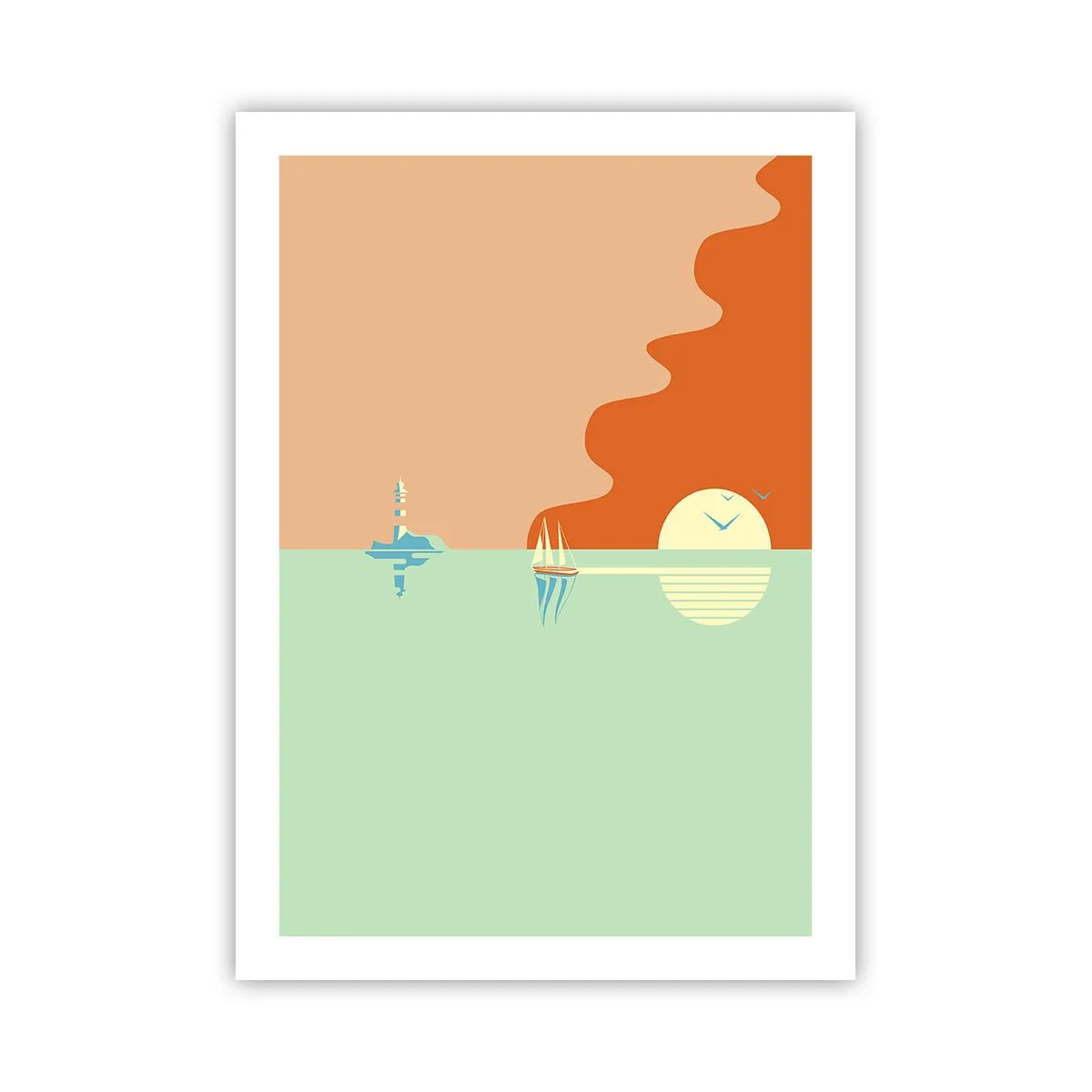 Poster - Ein minimalistischer Sonnenuntergang mit einem Segelboot im Hintergrund - 50x70cm - Die perfekte Meereslandschaft - Moderne Wanddekoration für Wohnzimmer und Schlafzimmer ARTTOR