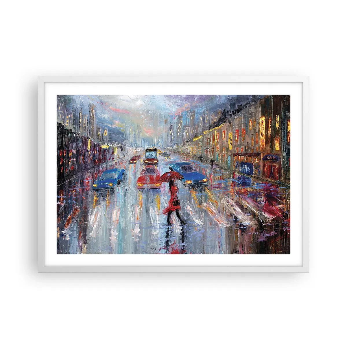 Poster in einem weißen Rahmen - Regnerischer Nachmittag in der Stadt - 70x50 cm
