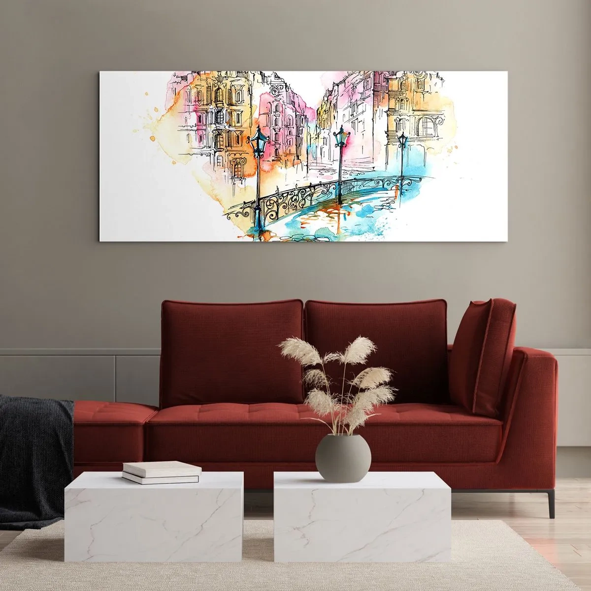 Glasbild - Bild auf glas - Aquarell einer Brücke und herzförmigen Mietshäusern - 140x50cm - Das Herz der Stadt - Moderne Wanddekoration für Wohnzimmer und Schlafzimmer ARTTOR