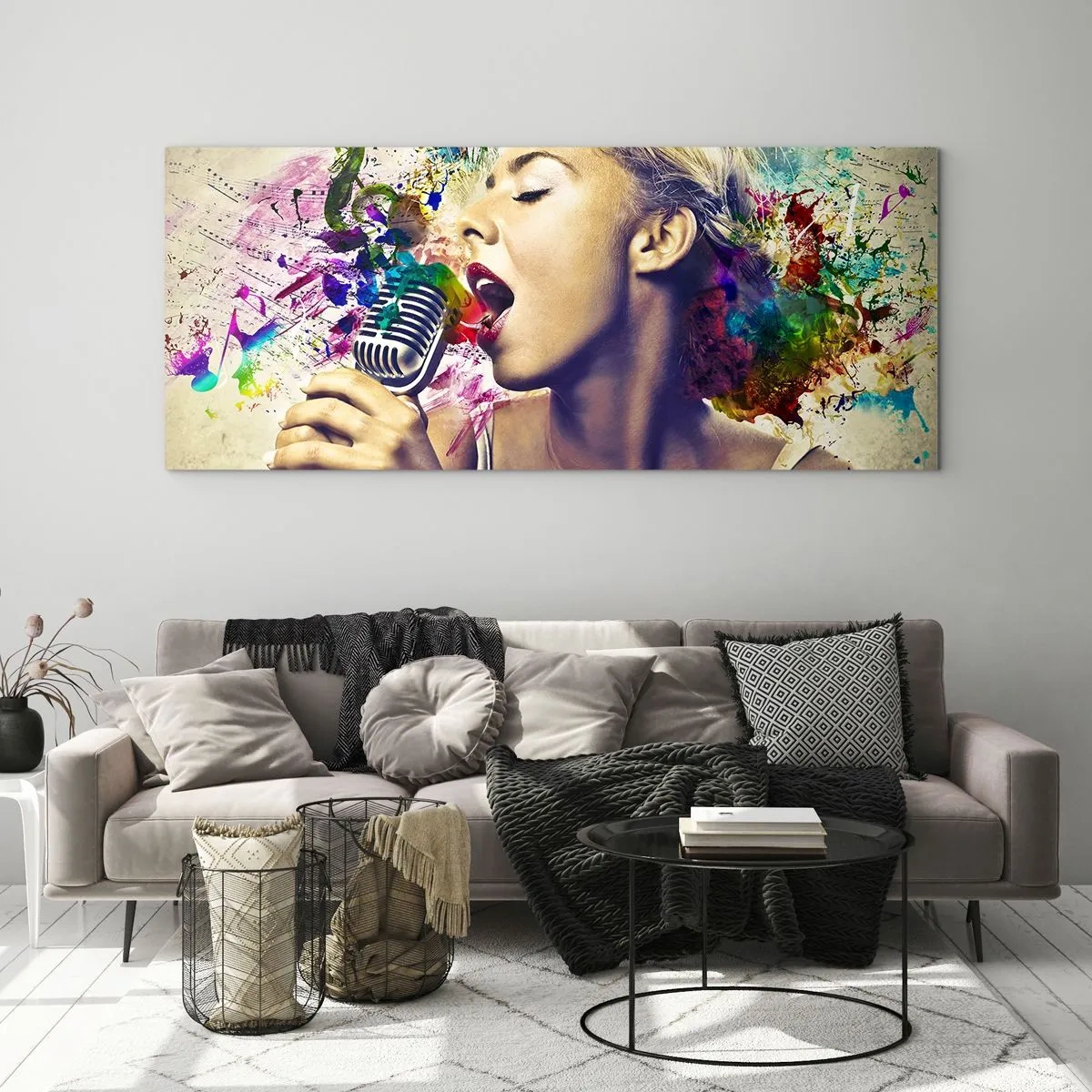 Glasbild - Bild auf glas - Künstlerisches Porträt einer singenden Frau mit farbenfrohen Effekten - 120x50cm - Malen Sie die Welt mit Ihrer Stimme - Moderne Wanddekoration für Wohnzimmer und Schlafzimmer ARTTOR