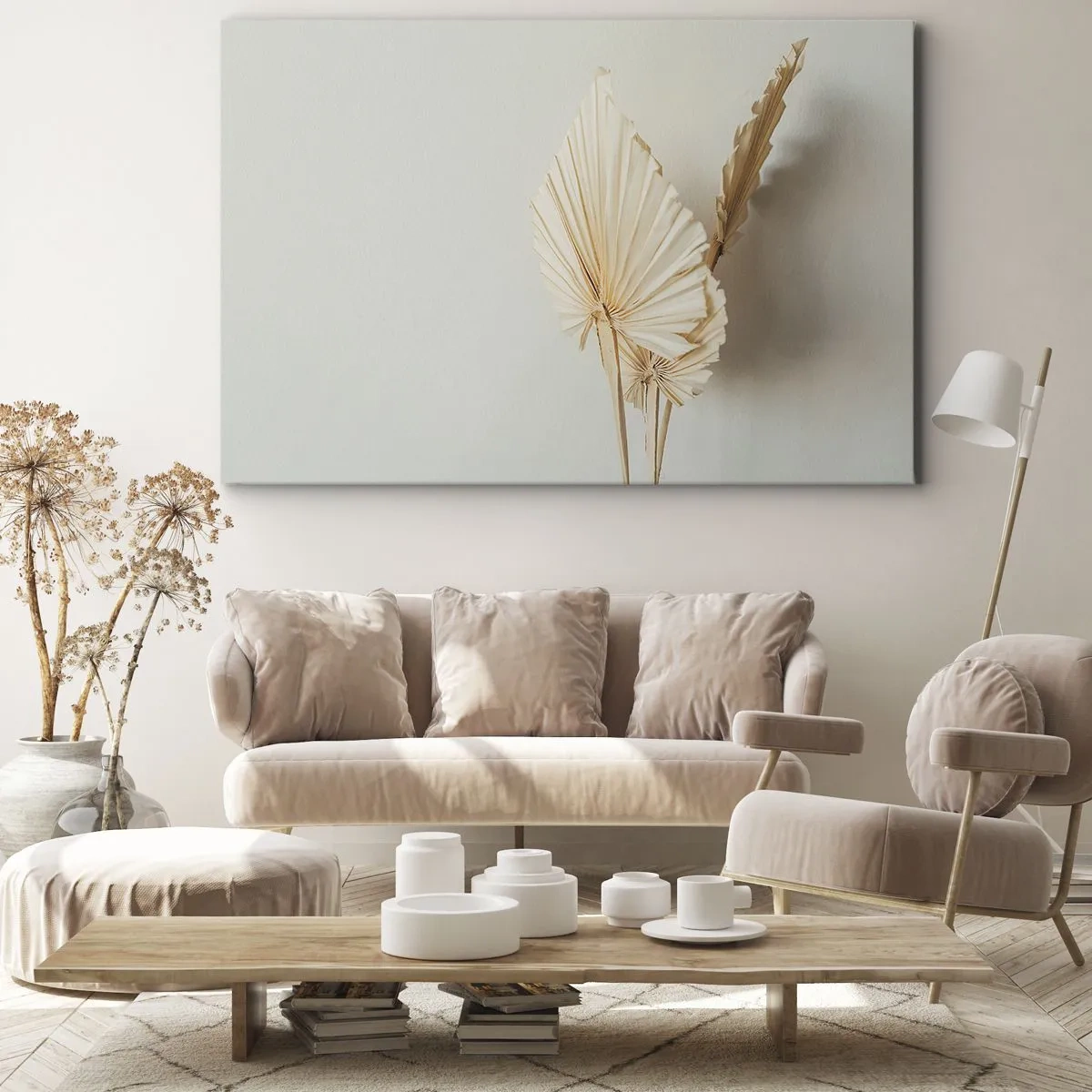 Bild auf Leinwand - Leinwandbild - Getrocknete Palmblätter in minimalistischem Arrangement - 70x50cm - Wenn Sie Erleichterung brauchen - Moderne Wanddekoration für Wohnzimmer und Schlafzimmer ARTTOR