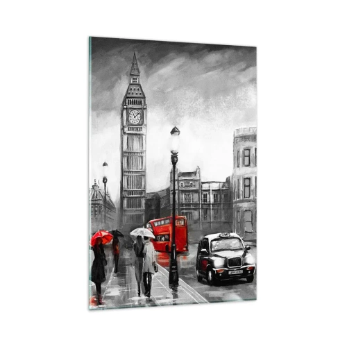 Glasbild - Bild auf glas - Eine Londoner Szene in Schwarzweiß mit roten Akzenten - 80x120cm - Gar keine graue Stadt - Moderne Wanddekoration für Wohnzimmer und Schlafzimmer ARTTOR