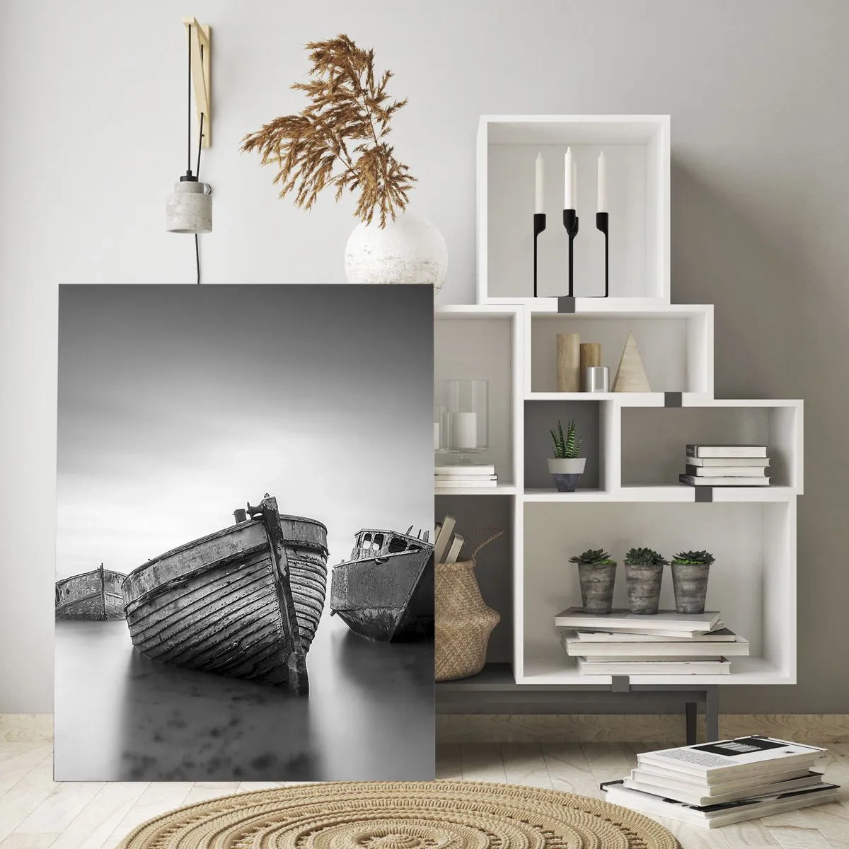 Glasbild - Bild auf glas - Verlassene Boote auf ruhigem Wasser - 80x120cm - Nur Erinnerungen ... - Moderne Wanddekoration für Wohnzimmer und Schlafzimmer ARTTOR