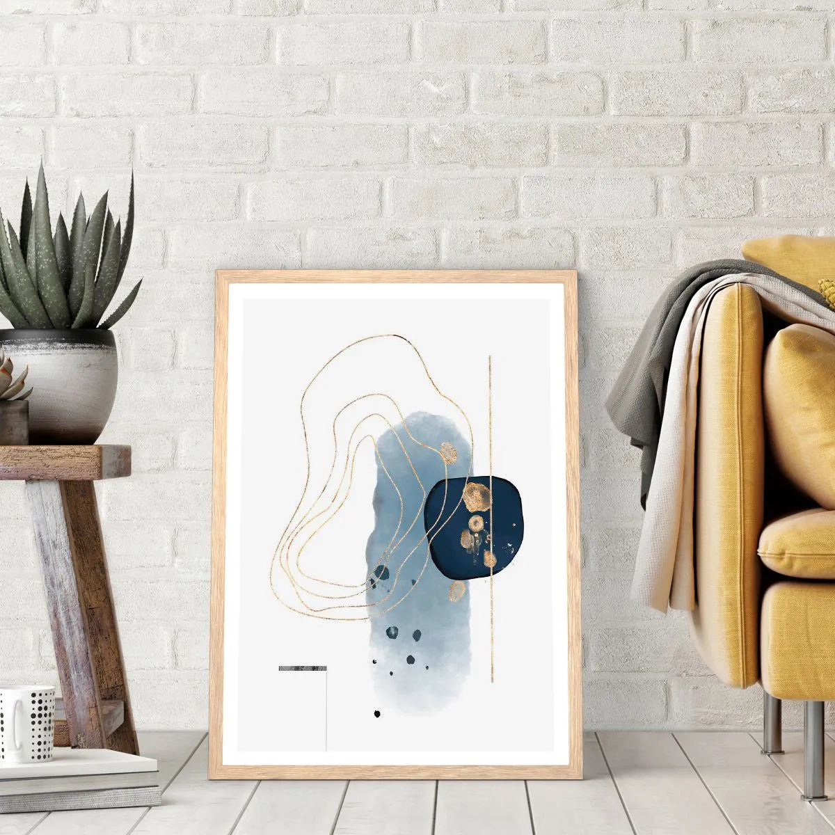 Poster in einem Rahmen aus heller Eiche - Blau-goldene Fantasie - 70x100 cm