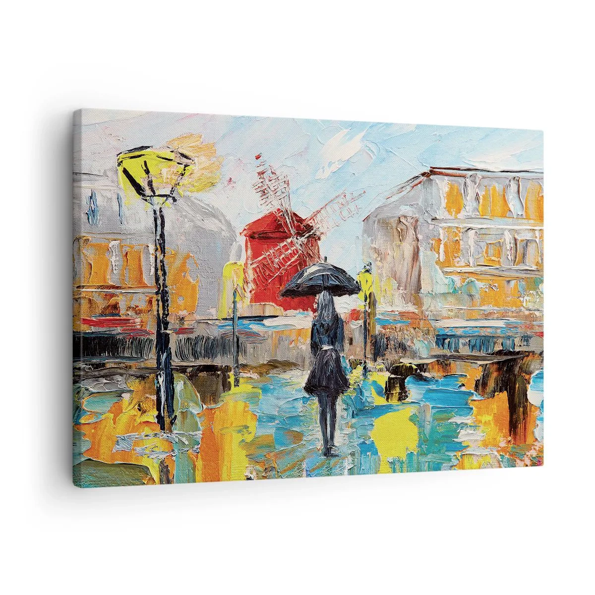 Bild auf Leinwand - Leinwandbild - Eine malerische Szene mit einem Regenschirm vor der Kulisse von Paris in leuchtenden Farben. - 70x50cm - Pariser Legenden - Moderne Wanddekoration für Wohnzimmer und Schlafzimmer ARTTOR