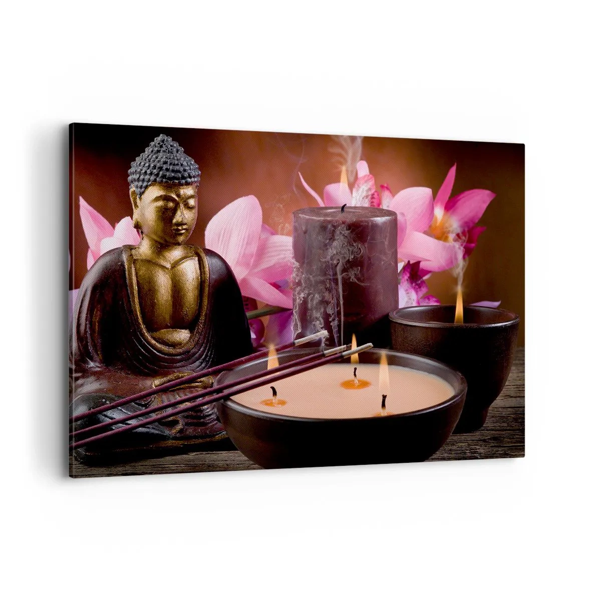 Bild auf Leinwand - Leinwandbild - Buddha-Figur mit brennenden Kerzen und Räucherstäbchen - 100x70cm - Den Geist frei machen, den Körper beruhigen - Moderne Wanddekoration für Wohnzimmer und Schlafzimmer ARTTOR