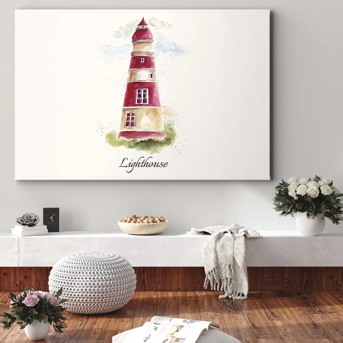 Bild auf Leinwand - Leinwandbild - Ein Aquarell eines Leuchtturms auf hellem Hintergrund mit einer Inschrift - 70x50cm - Das Wetter ringsum ist immer gut - Moderne Wanddekoration für Wohnzimmer und Schlafzimmer ARTTOR