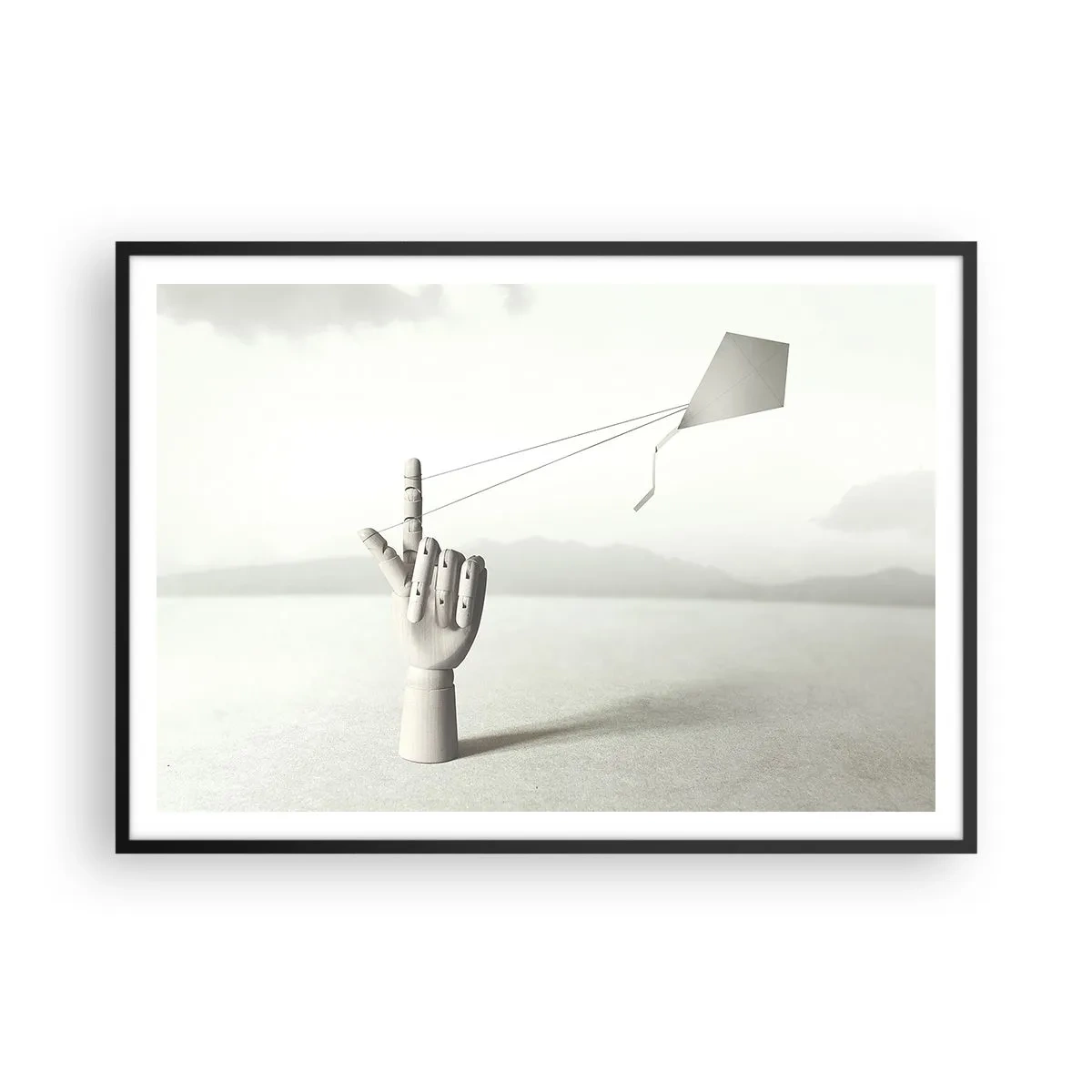 Poster in einem schwarzem Rahmen - Eine minimalistische Holzhand mit einem Drachen vor einem Landschaftshintergrund. - 100x70cm - Kraftprobe - Moderne Wanddekoration für Wohnzimmer und Schlafzimmer ARTTOR