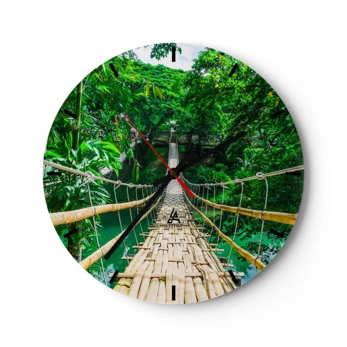 Wanduhr - Glasuhr - Eine Bambus-Seilbrücke in tropischem Grün über einem Fluss - 30x30cm - Monkey Bridge über das Grün - Moderne Wanddekoration für Wohnzimmer, Küche und Schlafzimmer ARTTOR