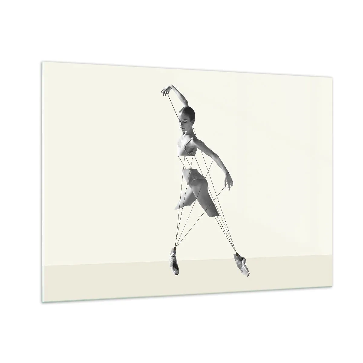 Glasbild - Bild auf glas - Schwarz-weiße Silhouette einer Ballerina mit geometrischem Linienmotiv - 100x70cm - Im Theater der Welt - Moderne Wanddekoration für Wohnzimmer und Schlafzimmer ARTTOR