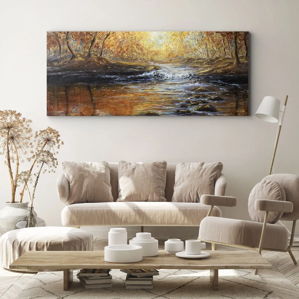 Bild auf Leinwand - Leinwandbild - Herbstlandschaft mit einem Fluss zwischen den Bäumen - 120x50cm - Der goldene Strom - Moderne Wanddekoration für Wohnzimmer und Schlafzimmer ARTTOR