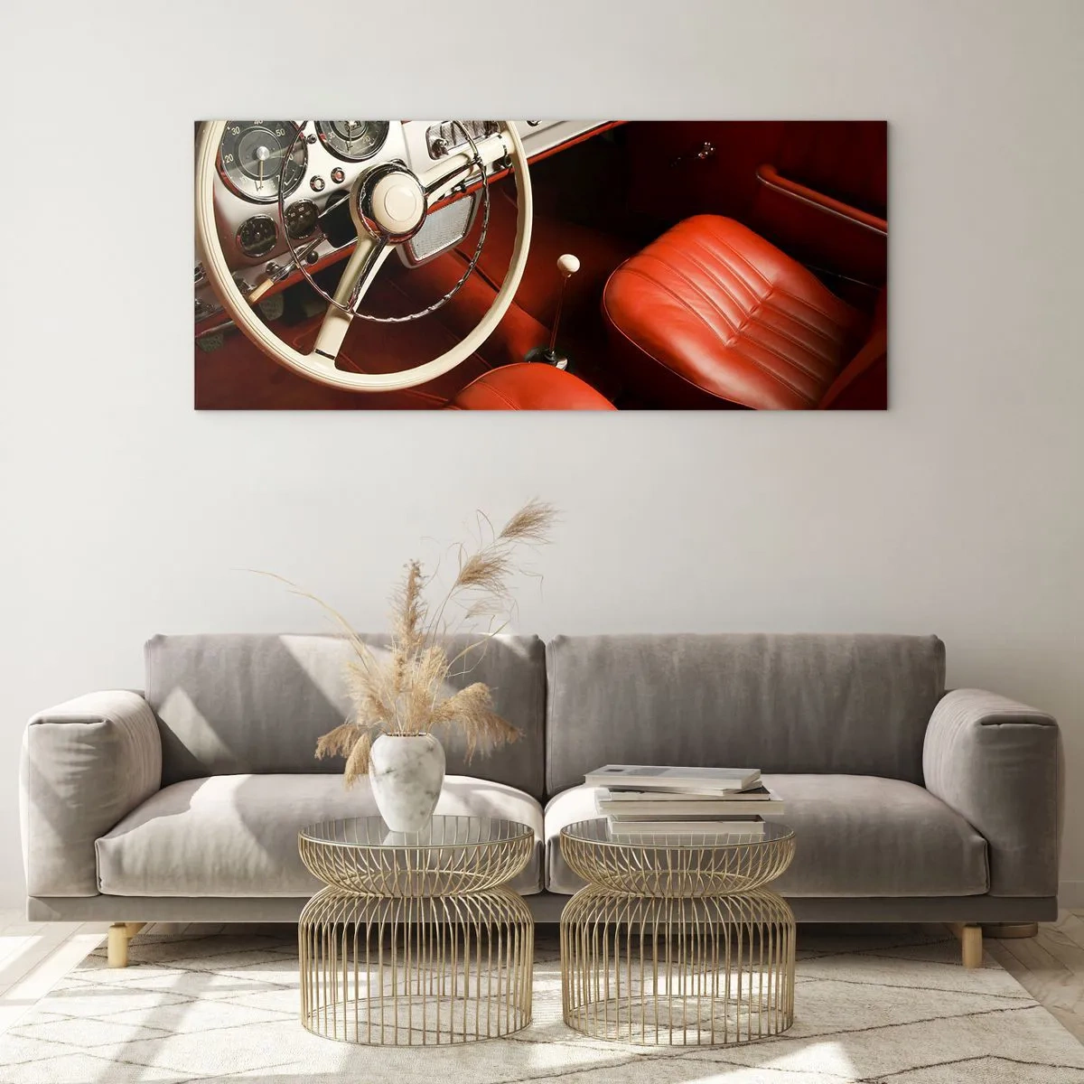 Glasbild - Bild auf glas - Oldtimer-Innenraum mit roten Ledersitzen - 140x50cm - Luxus im Vintagestil - Moderne Wanddekoration für Wohnzimmer und Schlafzimmer ARTTOR