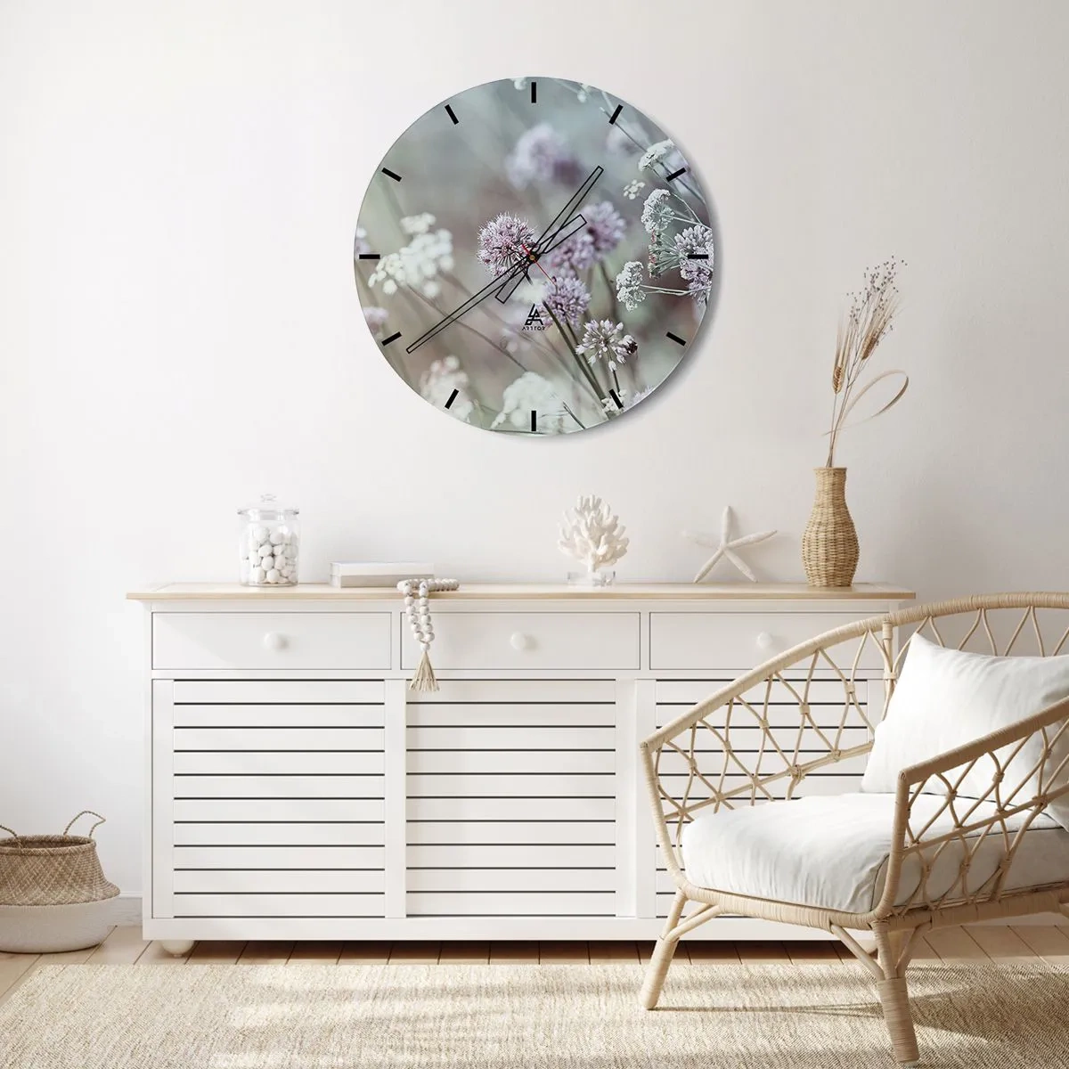 Wanduhr - Glasuhr - Wildblumen in Pastelltönen - 30x30cm - Süße filigrane Kräuter - Moderne Wanddekoration für Wohnzimmer, Küche und Schlafzimmer ARTTOR