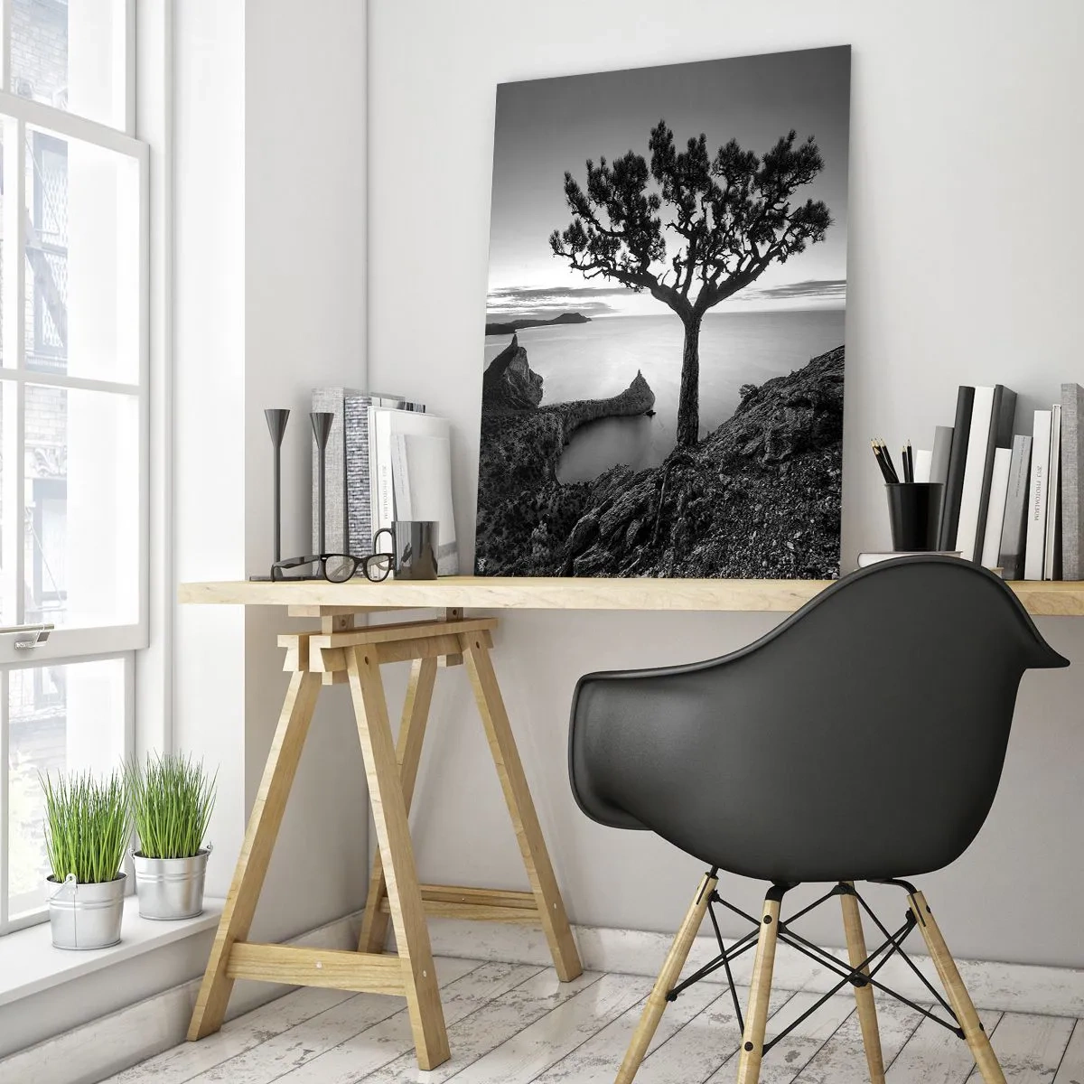 Glasbild - Bild auf glas - Schwarz-weiße Landschaft mit einem einsamen Baum auf einer Klippe über dem Meer - 80x120cm - Stille bis zum Horizont - Moderne Wanddekoration für Wohnzimmer und Schlafzimmer ARTTOR