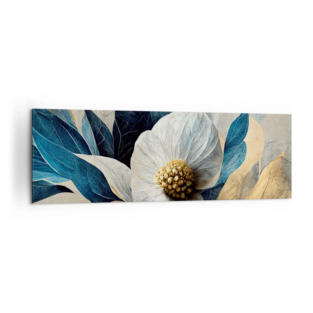 Bild auf Leinwand - Leinwandbild - Eine Blume mit blauen Blättern auf einem eleganten Hintergrund - 160x50cm - Er hat ein Herz aus Gold - Moderne Wanddekoration für Wohnzimmer und Schlafzimmer ARTTOR