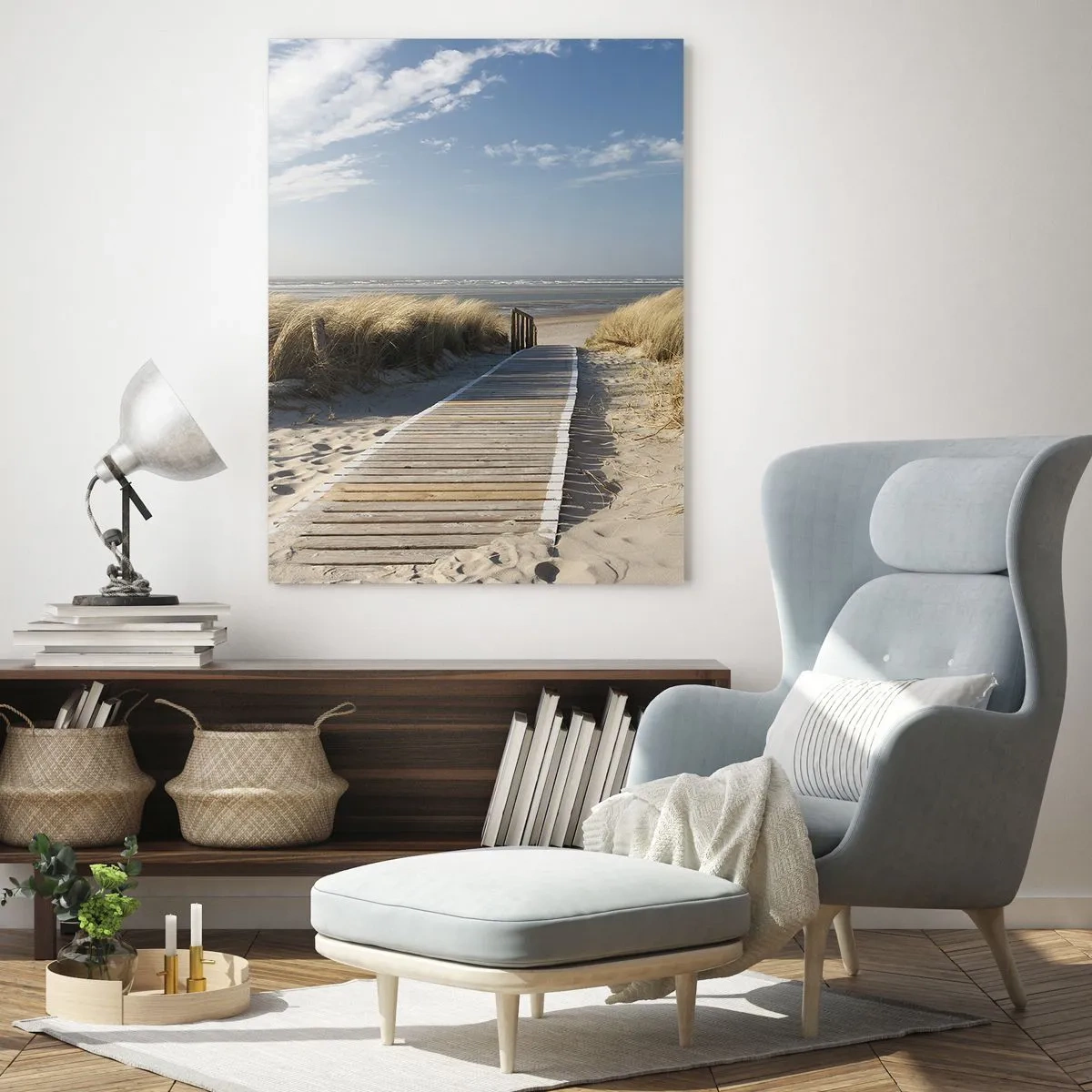 Glasbild - Bild auf glas - Holzweg durch die Dünen zum Strand - 50x70cm - Hinter der Düne, im Rauschen des Grases - Moderne Wanddekoration für Wohnzimmer und Schlafzimmer ARTTOR