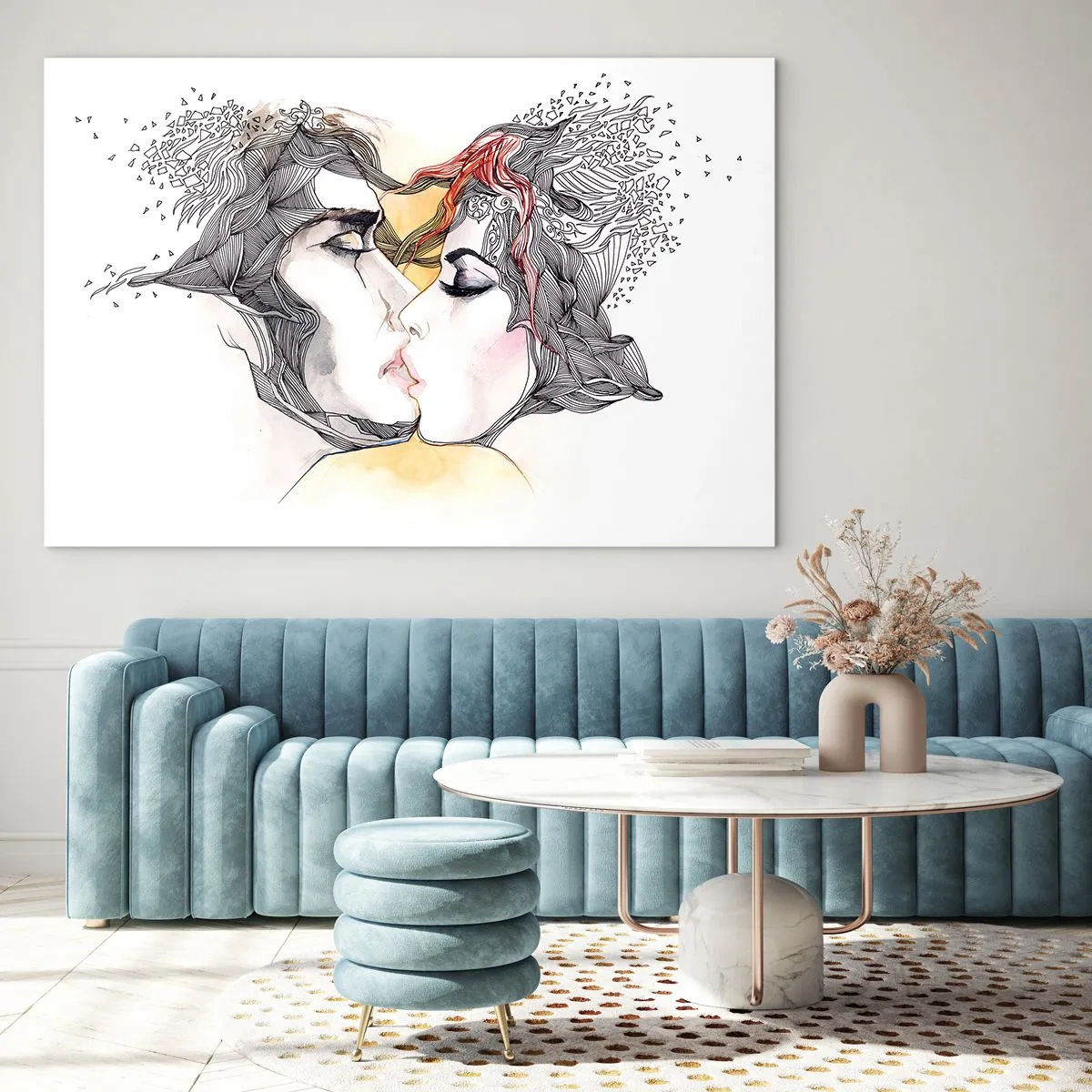 Glasbild - Bild auf glas - Abstraktes Paar küsst sich mit künstlerischen Mustern - 70x50cm - Die Welt existiert nicht - Moderne Wanddekoration für Wohnzimmer und Schlafzimmer ARTTOR