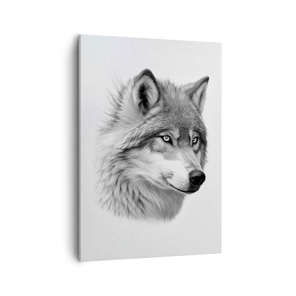 Bild auf Leinwand - Leinwandbild - Ein realistisches Porträt eines Wolfes in Grautönen. - 50x70cm - Alpha – ohne Zweifel - Moderne Wanddekoration für Wohnzimmer und Schlafzimmer ARTTOR