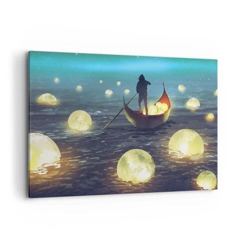 Bild auf Leinwand - Leinwandbild - Eine Figur in einem Boot, umgeben von leuchtenden Kugeln auf dem Wasser - 100x70cm - Dinge, von denen Philosophen nie geträumt haben - Moderne Wanddekoration für Wohnzimmer und Schlafzimmer ARTTOR