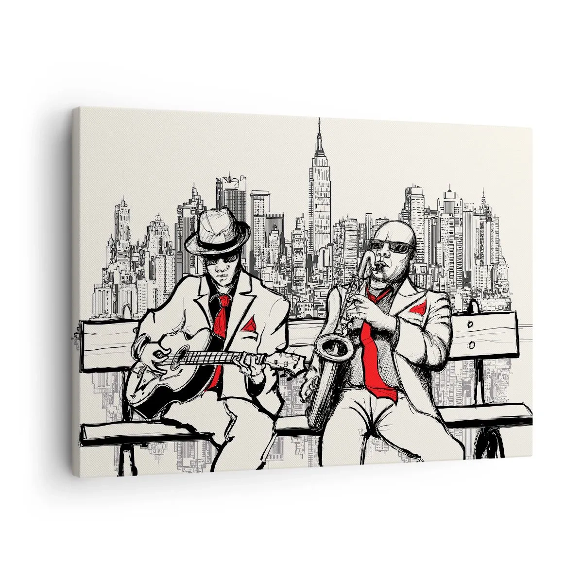 Bild auf Leinwand - Leinwandbild - Ein Jazzduo mit Saxophon und Gitarre vor der Kulisse der Stadt - 70x50cm - New Yorker Improvisation - Moderne Wanddekoration für Wohnzimmer und Schlafzimmer ARTTOR