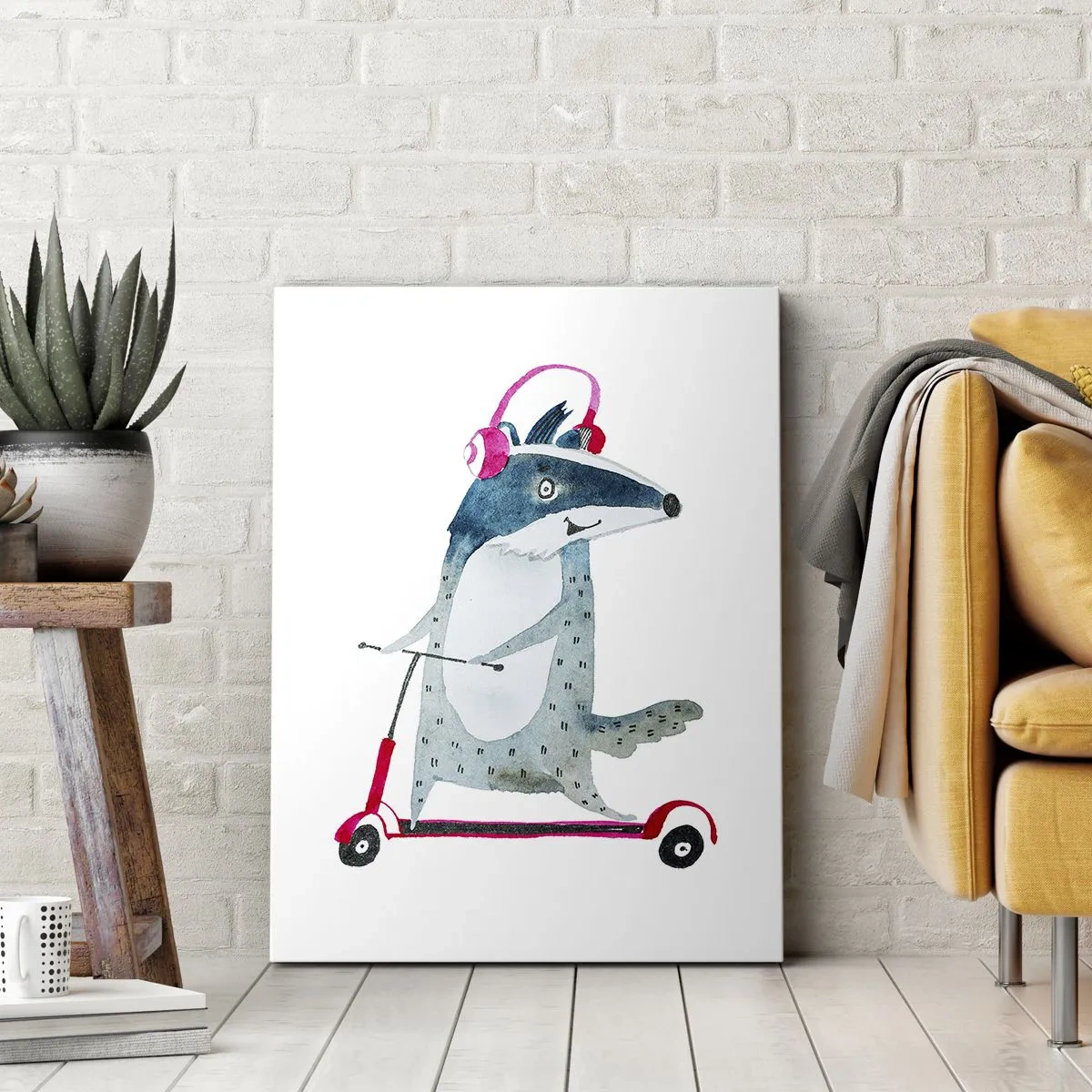 Bild auf Leinwand - Leinwandbild - Dachs auf einem Roller mit rosa Kopfhörern - 50x70cm - Dachsfreude - Moderne Wanddekoration für Wohnzimmer und Schlafzimmer ARTTOR
