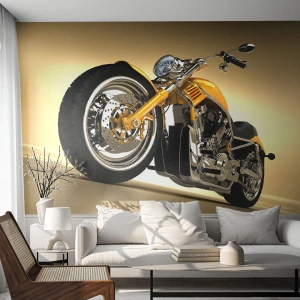 Fototapete Premium Sand - Gelber Chopper auf einem goldenen Hintergrund mit Farbverlauf - 100x70cm - Ein Traum von Kraft und Geschwindigkeit - Moderne Wanddekoration für Wohnzimmer und Schlafzimmer ARTTOR