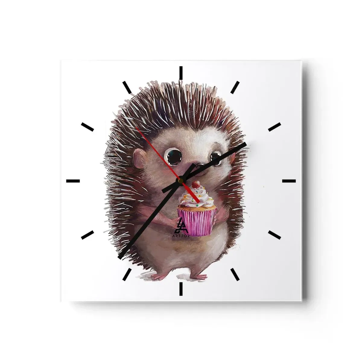 Wanduhr - Glasuhr - Ein süßer Igel mit einem Cupcake - 30x30cm - Der Feiertag ist jeden Tag - Moderne Wanddekoration für Wohnzimmer und Schlafzimmer ARTTOR
