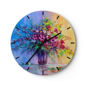 Wanduhr - Glasuhr - Ein Strauß bunter Blumen in einer Glasvase auf pastellfarbenem Hintergrund - 30x30cm - Sommergeschenk der Wiese - Moderne Wanddekoration für Wohnzimmer, Küche und Schlafzimmer ARTTOR