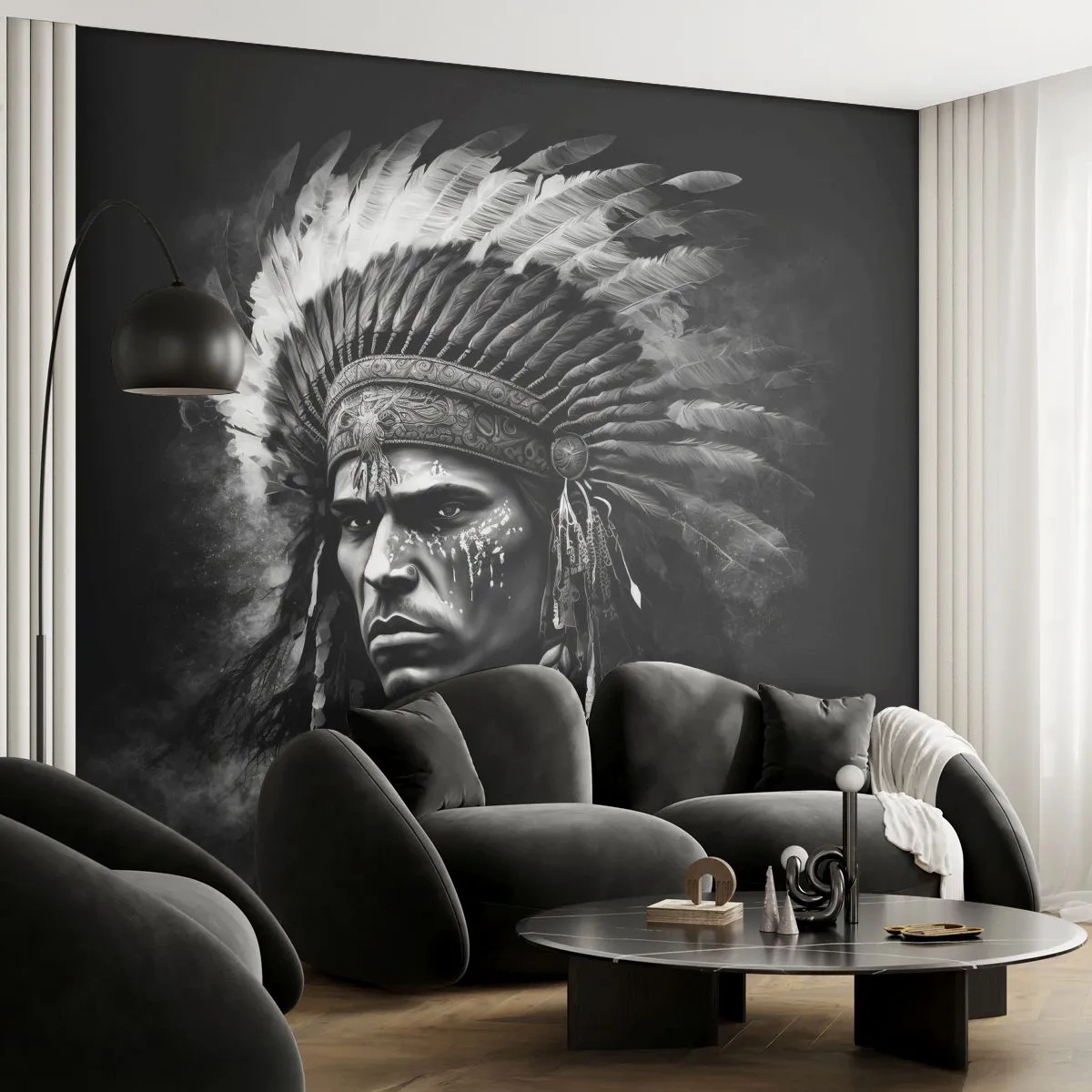 Fototapete Premium Sand - Porträt eines Kriegers mit Federschmuck vor schwarzem Hintergrund - 100x70cm - Anführer und Krieger - Moderne Wanddekoration für Wohnzimmer und Schlafzimmer ARTTOR